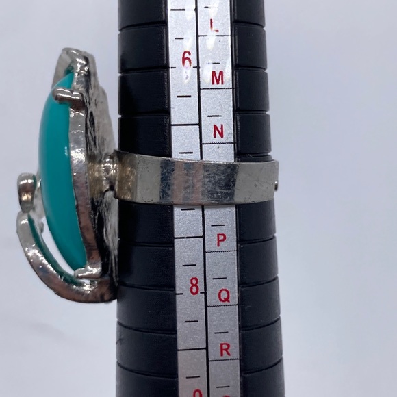 Faux Turquoise Silver Tone Ring Rhinestone Accents Adjustable Size Bohemian - Picture 3 of 3